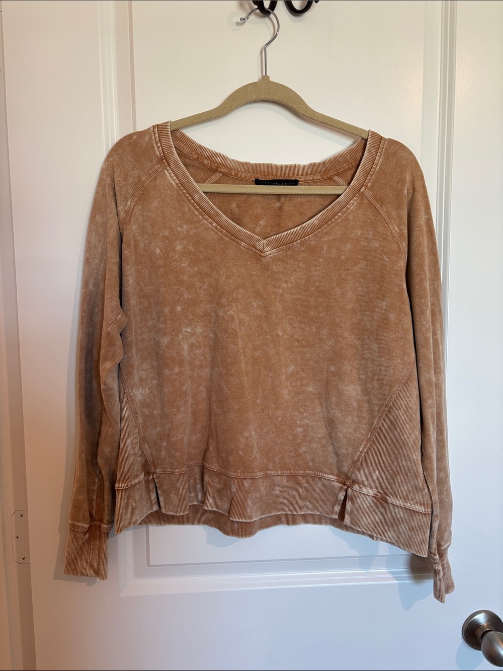 Washed Camel V-Neck Pullover Sweatshirt